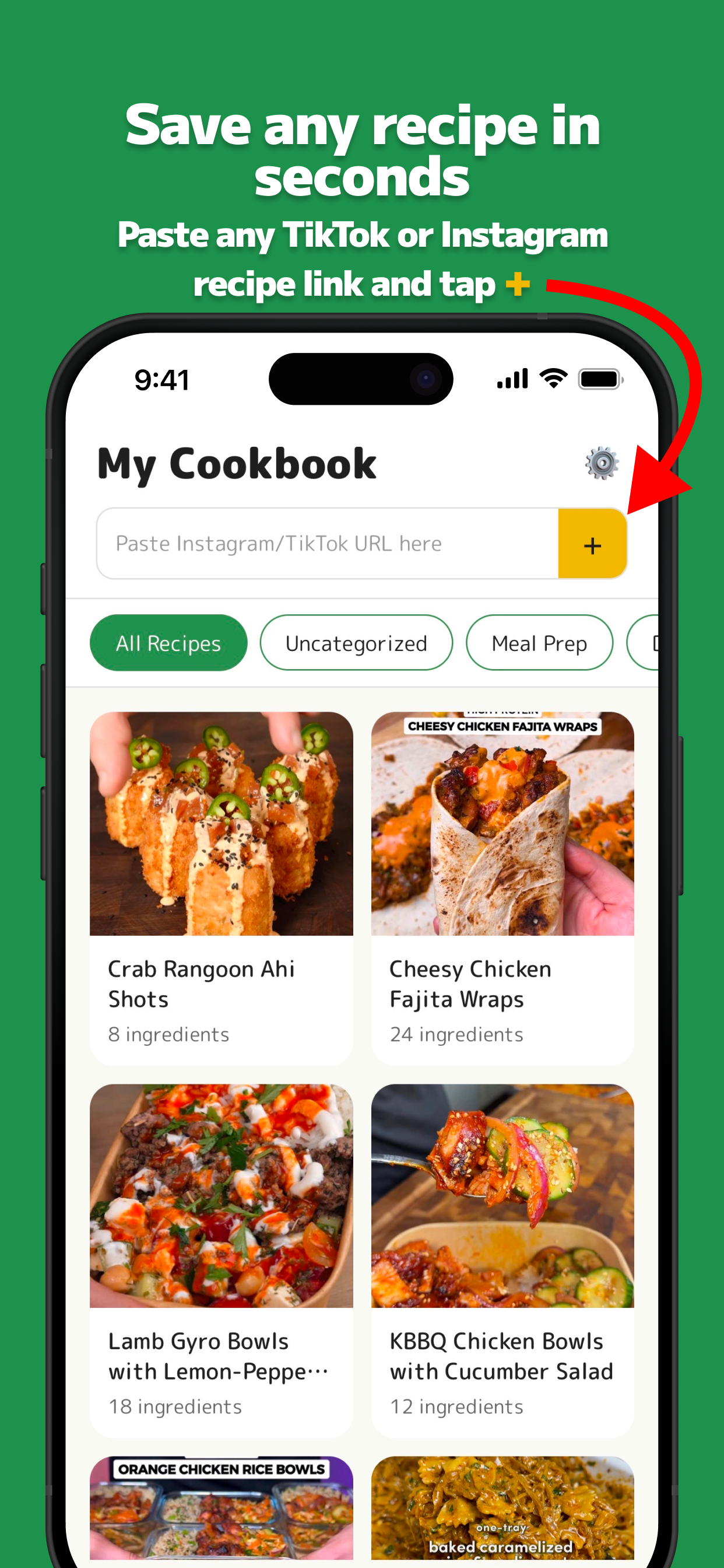 Yuzu app showing a cookbook with TikTok recipes ready to shop